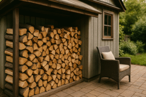 Firewood stack next to a garden shed and wicker chair on a patio